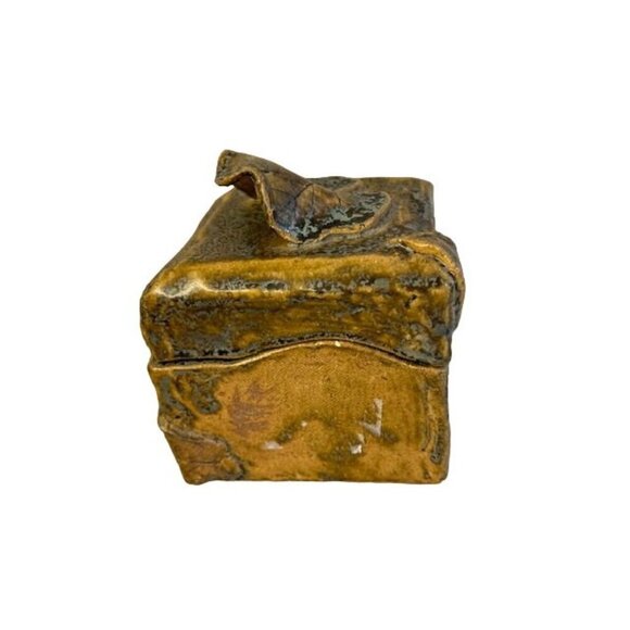Handcrafted Ceramic Trinket Box With Leaf Detail In Golden Bronze Finish 6" x 5" - Picture 6 of 13